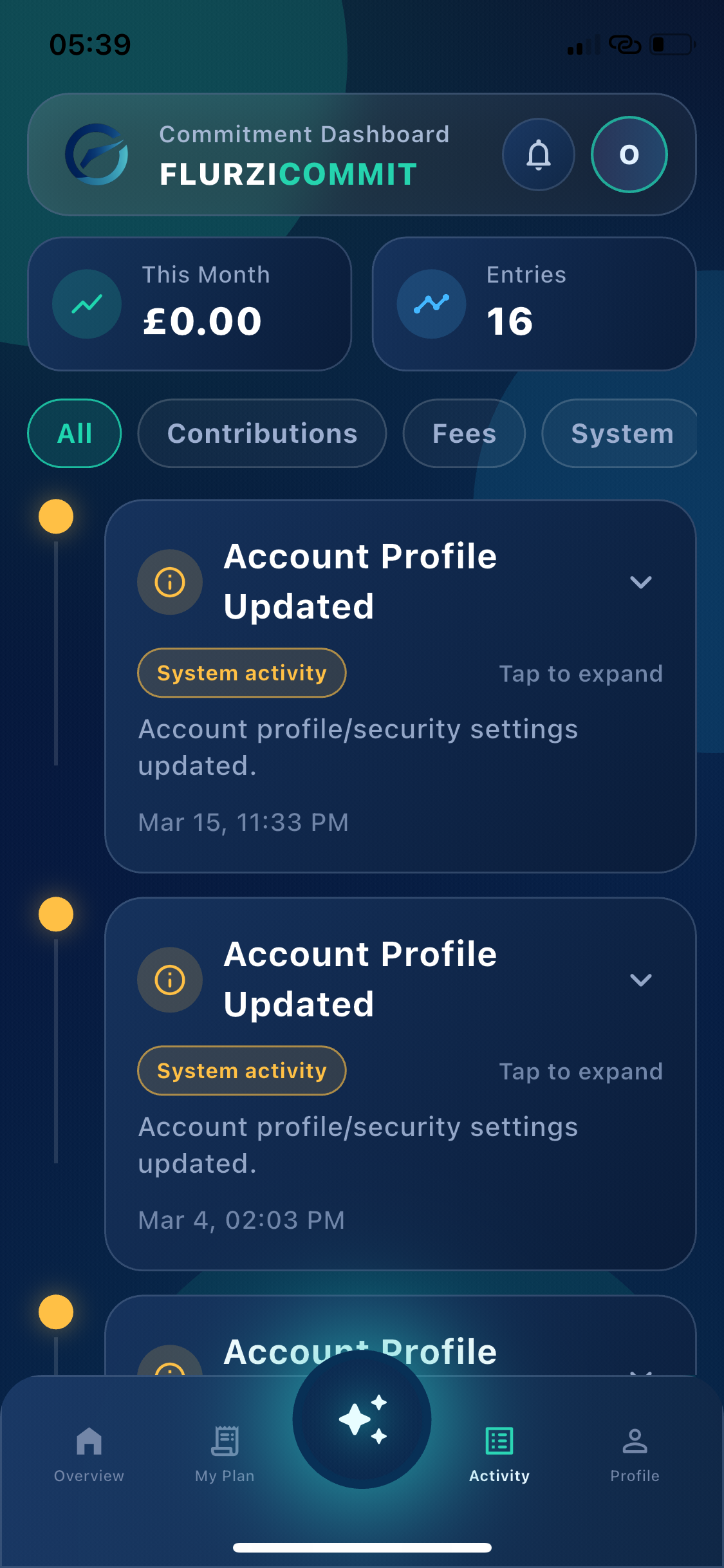 Commitment Center activity dashboard screen