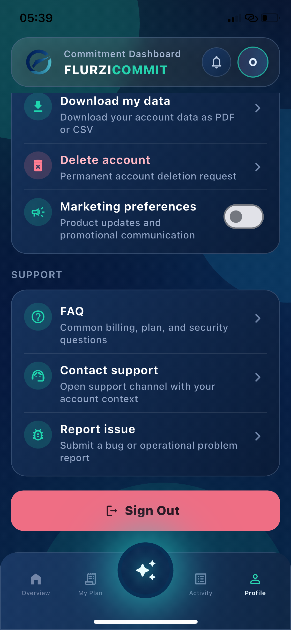 Commitment Center profile and support screen