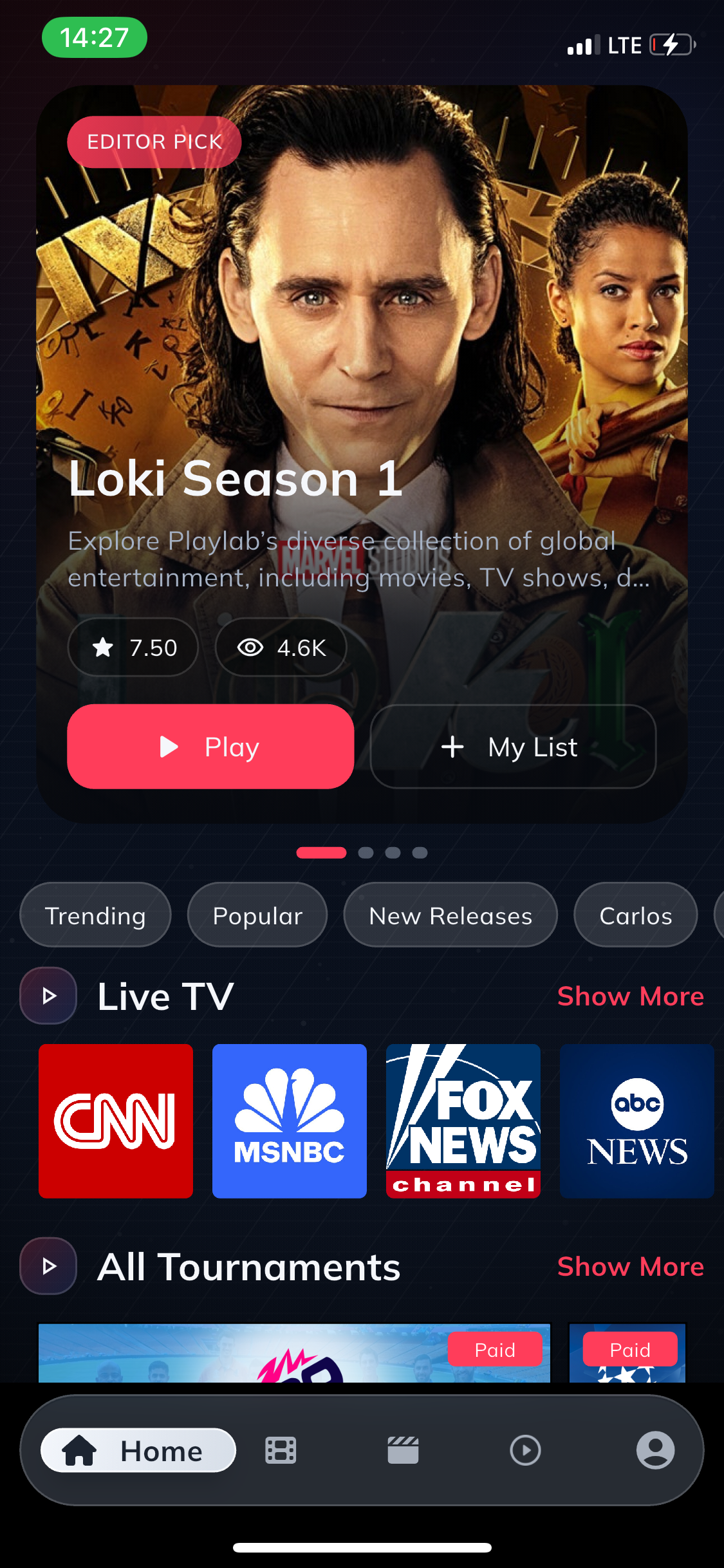 FCinema home screen with featured content and live TV